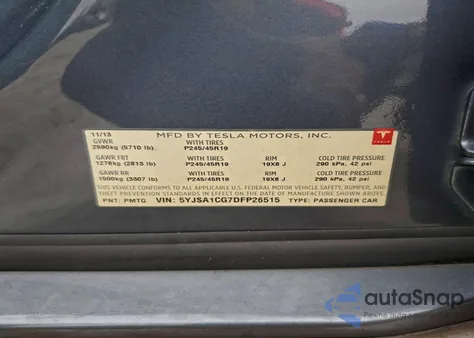 2013 Tesla Model S z USA, uszkodzony, nr VIN 5YJSA1CG7DFP26515